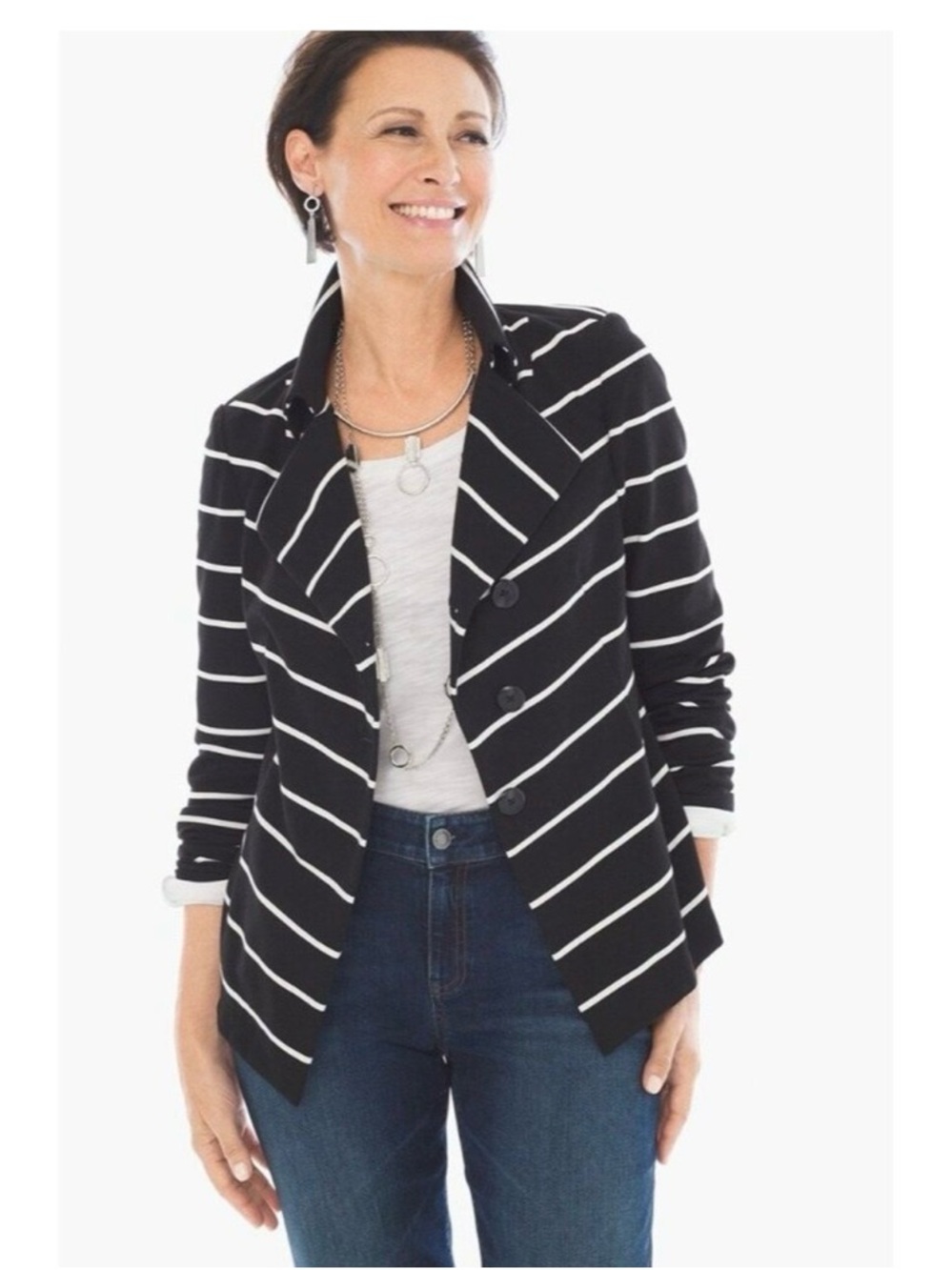 Chico's Black and White Striped Double-Breasted Blazer